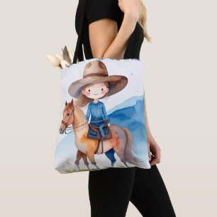 Süßes Cowgirl-Mädchen reitet auf einem Pferd, Aqua Tasche