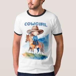 Süßes Cowgirl-Mädchen reitet auf einem Pferd Aquar T-Shirt