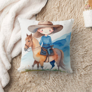 Süßes Cowgirl-Mädchen Reitet Pferd Aquarell-Design Kissen