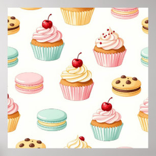Süßes Cupcake-Macaron-Muster Poster