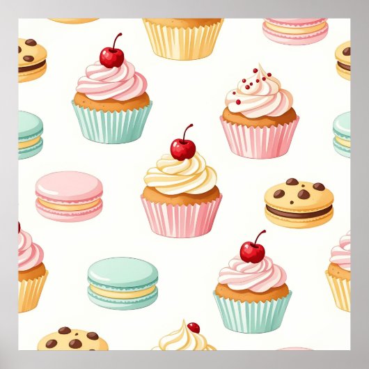 Süßes Cupcake-Macaron-Muster Poster (Vorne)
