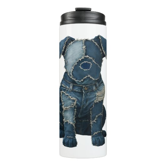 Süßes Denim-Patchwork-Kunst-Hund-T-Shirt Thermosbecher (Vorderseite)