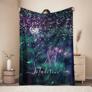 Süßes dunkel violett-grünes falsches Glitter Monog Fleecedecke
