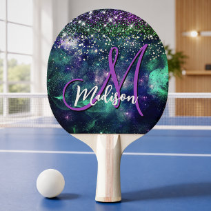 Süßes dunkel violett-grünes falsches Glitter-Monog Tischtennis Schläger