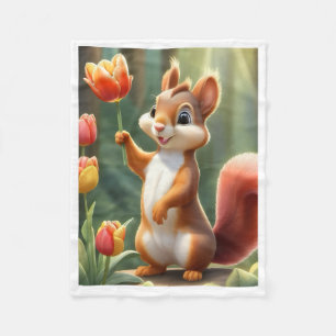 Süßes Eichhörnchen mit Tulpenblüten-Fliesblanket Fleecedecke