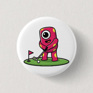 Süßes einäugiges rosa Monster spielt Golf Cartoon Button