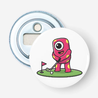 Süßes einäugiges rosa Monster spielt Golf Cartoon Flaschenöffner