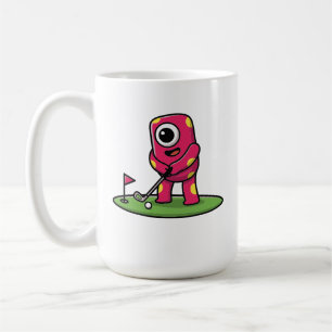 Süßes einäugiges rosa Monster spielt Golf Cartoon Kaffeetasse
