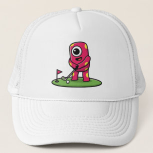 Süßes einäugiges rosa Monster spielt Golf Cartoon Truckerkappe