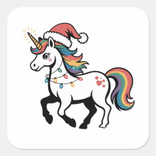 Süßes Einhorn Hirsch Rentier Weihnachtslichter Lus Quadratischer Aufkleber