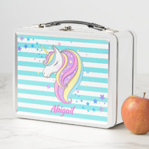 Süßes Einhorn Holografische Sterne Aqua Streifen Metall Brotdose