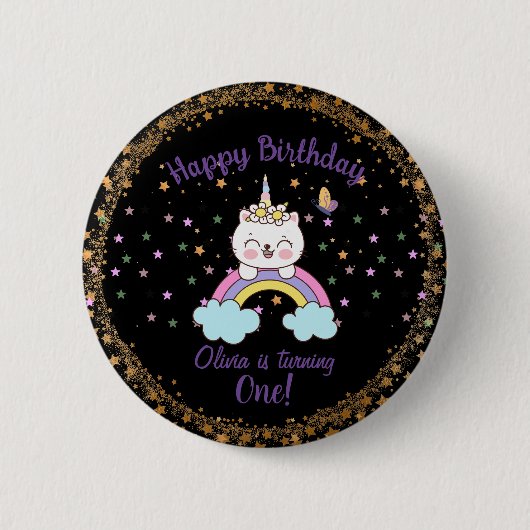 Süßes Einhorn Katzen Regenbogen Sterne Mädchen 1.  Button (Vorderseite)