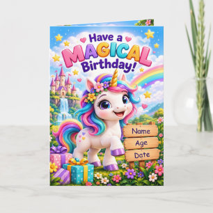 Süßes Einhorn Kindergeburtstag - Magischer Regenbo Karte