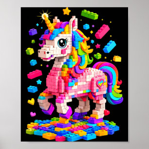 Süßes Einhorn-Meister-Erbauer baut Ziegelsteine Bl Poster
