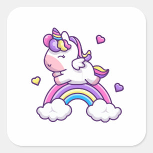 Süßes Einhorn mit Regenbogen-Cartoon Quadratischer Aufkleber