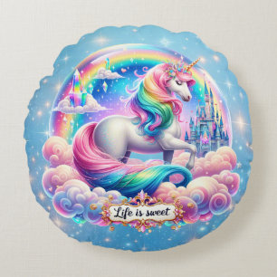 Süßes Einhorn-Regenbogen-Schloss-Kissen-Geschenk Rundes Kissen