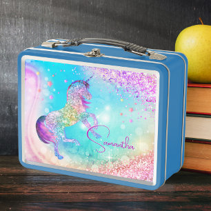 Süßes Einhorn rosa aqua-farbenes falsches Glitter Metall Brotdose