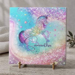 Süßes Einhorn rosa Glitter Regenbogen aqua Monogra Fliese