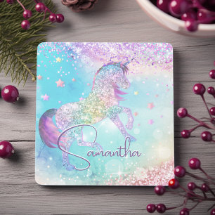 Süßes Einhorn rosa Glitter Regenbogen aqua Monogra Steinuntersetzer