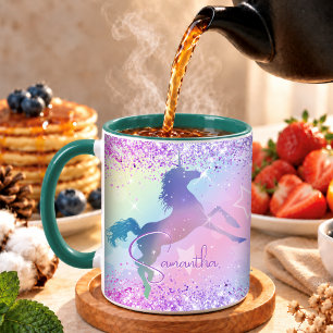 Süßes Einhorn rosa Glitter Regenbogen Kunst Monogr Tasse