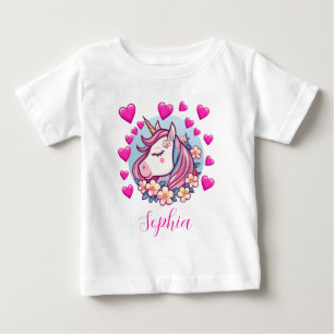 Süßes Einhorn, rosa Herzen & Blumen, benutzerdefin Baby T-shirt