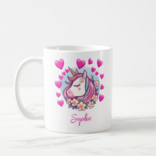 Süßes Einhorn, rosa Herzen & Blumen, benutzerdefin Kaffeetasse