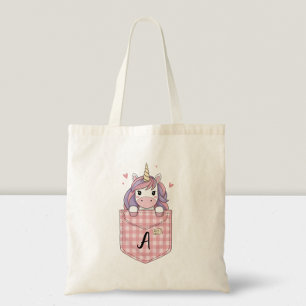 Süßes Einhorn schaut aus der Tasche mit Initiale