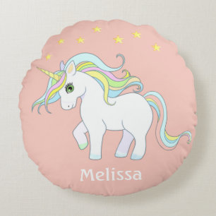 Süßes Einhorn & Sterne auf Hellkorallenrosa Rundes Kissen
