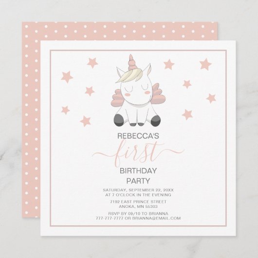 Süßes Einhorn und Sterne Geburtstag Einladung (Vorne/Hinten)