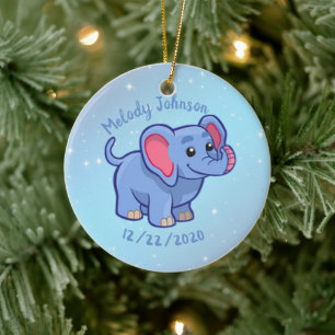 Süßes Elefanten-Monogramm Name & Geburtstag Keramik Ornament