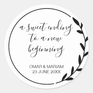 Süßes Ende Schwarz-Weiß-Kranz Hochzeitsgunst Runder Aufkleber