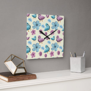 Süßes-Enten-Blumenmuster-Ästhetik-Pastell-Kawaii-B Quadratische Wanduhr
