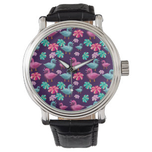 Süßes Enten-Blumenmuster Kawaii Rosa Blaue Enten  Armbanduhr