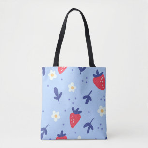 Süßes Erdbeer- und Frühlingsblumenmuster auf Blau Tasche