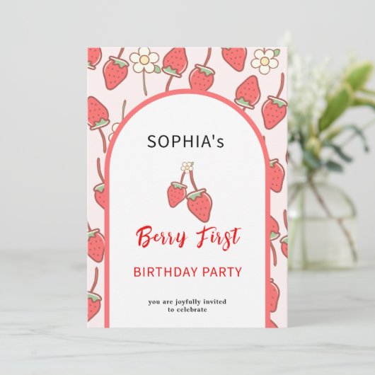 Süßes Erdbeeren & Blossom Einladung (Stehend Vorderseite)