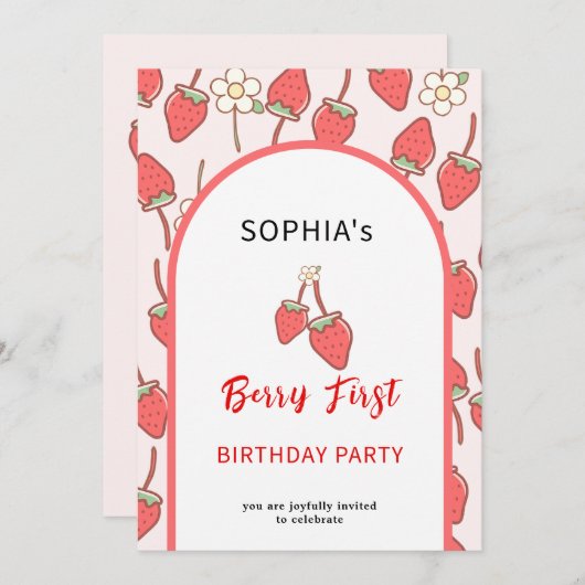 Süßes Erdbeeren & Blossom Einladung (Vorne/Hinten)