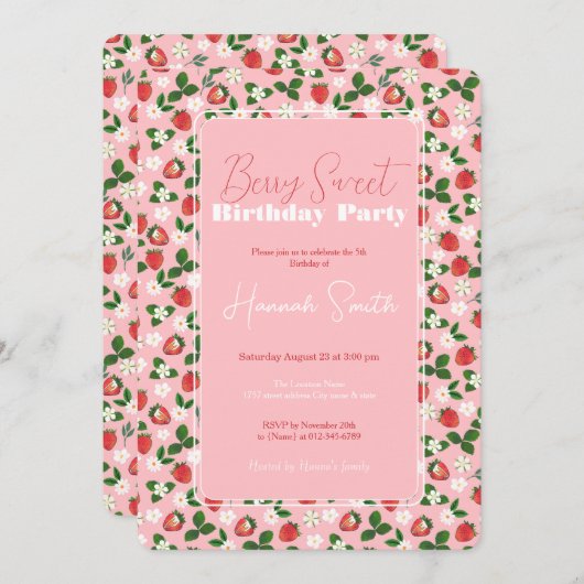 Süßes Erdbeeren Blume Wasserfarben Einladung (Vorne/Hinten)