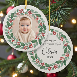 Süßes Eukalyptus-Baby-Erste-Weihnachten-Foto Keramik Ornament