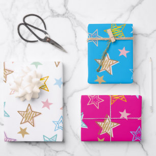Süßes, farbenfrohes Pastell-Sterne-Muster Geschenkpapier Set