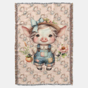 Süßes Farmcore-Schwein in Latzhose mit Blumen Decke