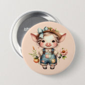 Süßes Farmcore-Schwein in Overall mit Blumen Button (Vorne & Hinten)