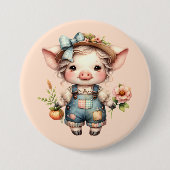 Süßes Farmcore-Schwein in Overall mit Blumen Button (Vorderseite)
