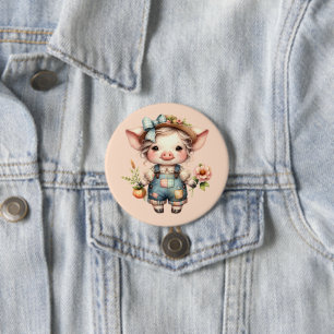 Süßes Farmcore-Schwein in Overall mit Blumen Button