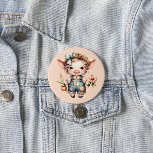 Süßes Farmcore-Schwein in Overall mit Blumen Button (Beispiel)