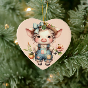 Süßes Farmcore-Schwein in Overall mit Blumen Keramik Ornament