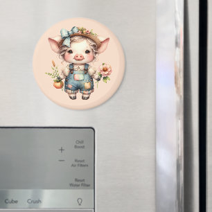 Süßes Farmcore-Schwein in Overall mit Blumen Magnet