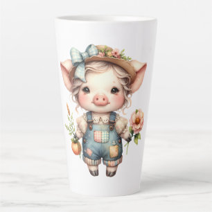 Süßes Farmcore-Schwein in Overall mit Blumen Milchtasse