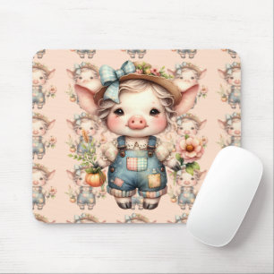 Süßes Farmcore-Schwein in Overall mit Blumen Mousepad