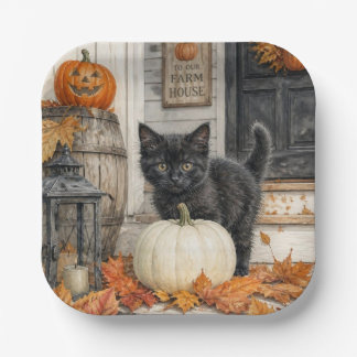 Süßes Farmhaus schwarze Katze und Kürbis Halloween Pappteller