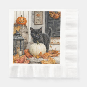 Süßes Farmhaus schwarze Katze und Kürbis Halloween Serviette